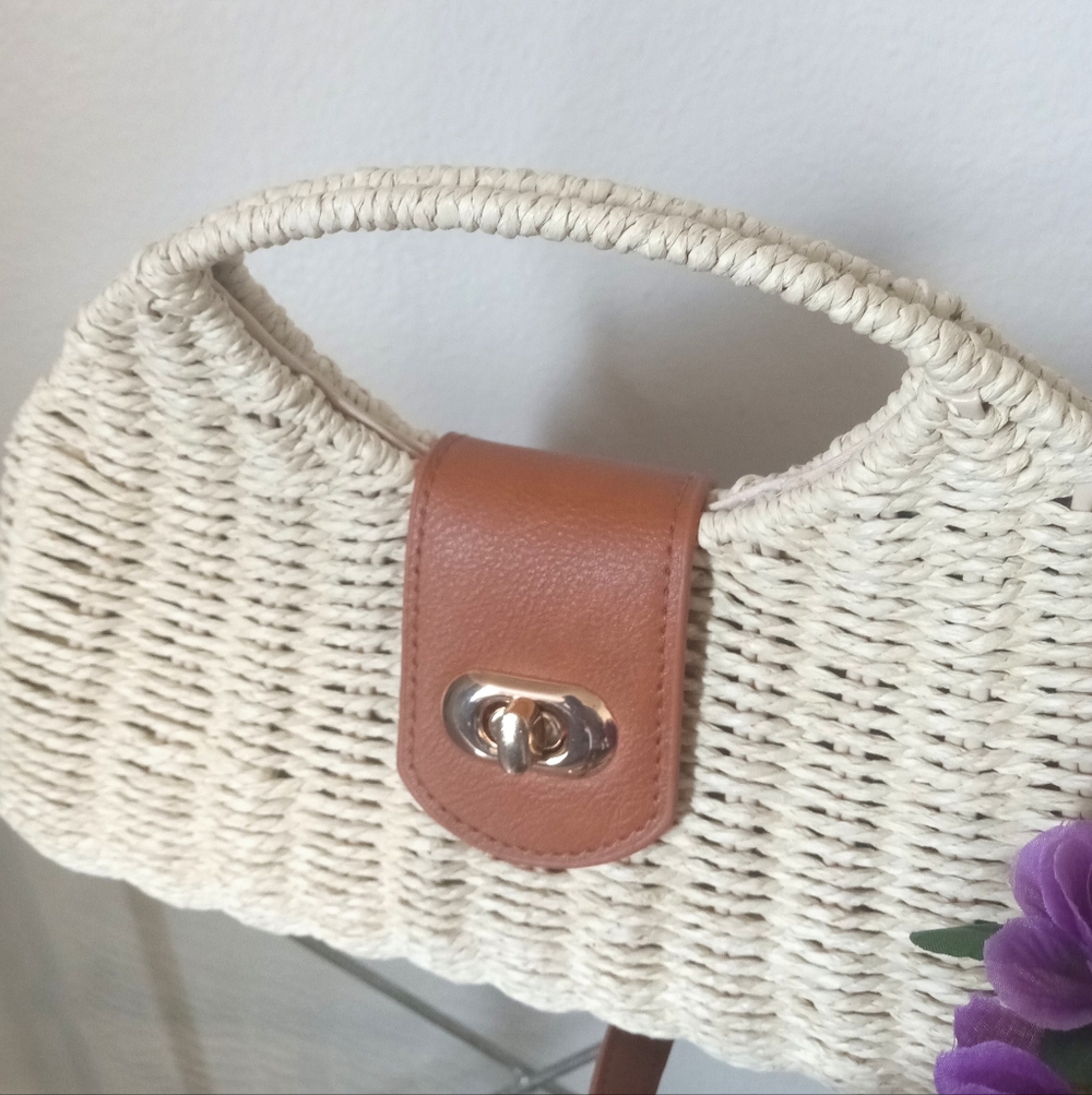 Woven Straw Beige Top Handle Satchel Crossbody Handbag Purse for Summer - Picture 8 of 9